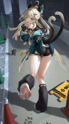 Rule 34 | 1girl, ahoge, animal ears, animal feet, ass, bare shoulders, black socks, black tank top, blue skirt, blue vest, blush, breasts, butt crack, cat ears, cat girl, cat tail, choker, crop top, detached sleeves, floral print, full body, genshin impact, green eyes, hair ornament, hairclip, high ponytail, highres, kirara (genshin impact), light brown hair, long hair, looking at viewer, looking back, loose socks, medium breasts, mhk (mechamania), miniskirt, mouse (animal), multiple tails, open clothes, open mouth, open vest, pawpads, sidelocks, skirt, slit pupils, socks, solo, tail, tank top, tassel, two tails, vest