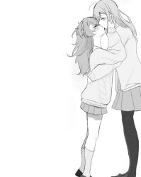 2girls blush closed_eyes commentary greyscale hand_on_another&#039;s_face highres hinomori_shizuku je_000 kiss kneehighs long_hair long_sleeves momoi_airi monochrome multiple_girls pantyhose pleated_skirt project_sekai school_uniform skirt socks sweater two_side_up yuri