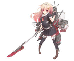 Rule 34 | 10s, 1girl, black thighhighs, blonde hair, boots, bow, fingerless gloves, full body, gloves, gradient hair, hair bow, hair ornament, hair ribbon, hairclip, isegawa yasutaka, kantai collection, long hair, md5 mismatch, multicolored hair, personification, pink hair, polearm, red eyes, resolution mismatch, ribbon, school uniform, serafuku, short sleeves, simple background, skirt, solo, source smaller, thighhighs, torpedo, two-tone hair, weapon, white background, yuudachi (kancolle), yuudachi kai ni (kancolle), zettai ryouiki