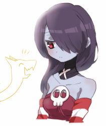 Rule 34 | 1girl, alternate hairstyle, bad id, bad pixiv id, bare shoulders, blue skin, blush, breasts, colored skin, detached collar, detached sleeves, hair down, hair over one eye, highres, leviathan (skullgirls), long hair, purple eyes, purple hair, red eyes, skull, skullgirls, smile, solo, sorimachi-doufu, squigly (skullgirls), striped, striped sleeves, zombie