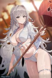 Rule 34 | 1girl, absurdres, alternate costume, artist name, azur lane, black eyes, blurry, blurry background, braid, breasts, cleavage, closed mouth, commentary request, commission, cropped shirt, depth of field, fundoshi, grey hair, hand fan, highres, holding, holding staff, japanese clothes, large breasts, light blush, long hair, long sleeves, looking at viewer, maanu, midriff, paper fan, pixiv commission, shiny skin, shirt, skindentation, smile, solo, staff, stomach, thick thighs, thigh strap, thighs, twin braids, uchiwa, upper body, very long hair, vittorio veneto (azur lane), white shirt