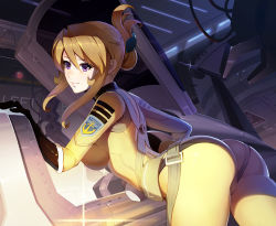 Rule 34 | 10s, 1girl, arched back, ass, bent over, blonde hair, blush, bodysuit, breasts, cameltoe, canopy, curvy, female focus, folded ponytail, gloves, hair ornament, hangar, helmet, impossible clothes, interior, large breasts, long hair, mori yuki, pilot suit, purple eyes, skin tight, smile, solo, spacecraft, spacecraft interior, spacesuit, starfighter, uchuu senkan yamato, uchuu senkan yamato 2199, vmax-ver, yamato (uchuu senkan yamato)
