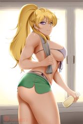 Rule 34 | 1girl, artist name, ass, bikini, bikini under clothes, blonde hair, breasts, green shorts, highres, kimmy77, large breasts, long hair, looking at viewer, ponytail, purple eyes, rwby, short shorts, shorts, smile, solo, sweat, swimsuit, thighs, towel, yang xiao long