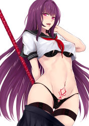 Rule 34 | 1girl, black panties, breasts, covered erect nipples, fate/grand order, fate (series), gae bolg (fate), highres, illusionk, long hair, looking at viewer, midriff, open mouth, panties, polearm, pubic tattoo, purple hair, red eyes, scathach (fate), school uniform, serafuku, simple background, solo, spear, tattoo, thigh strap, underwear, weapon, white background