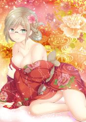 Rule 34 | 10s, 1girl, bare shoulders, blush, breasts, flower, folded ponytail, glasses, green eyes, hair flower, hair ornament, izumi akane, japanese clothes, kantai collection, katori (kancolle), kimono, large breasts, looking at viewer, off shoulder, panties, pantyshot, smile, solo, underwear, upskirt
