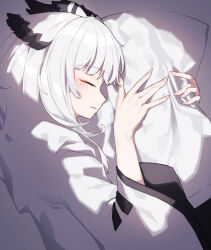Rule 34 | 1girl, absurdres, arknights, beudelb, closed eyes, coat, from side, highres, long hair, lying, hugging object, on side, owl ears, pillow, pillow hug, profile, ptilopsis (arknights), sleeping, solo, upper body, white coat, white hair