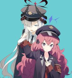 Rule 34 | 2girls, armband, black jacket, black necktie, black shirt, blue archive, blue background, blue eyes, collared shirt, crossed bangs, eka eri, food, grey headwear, hair over one eye, halo, hat, highres, holding another&#039;s wrist, horns, iroha (blue archive), jacket, long hair, looking down, makoto (blue archive), military jacket, multiple girls, multiple horns, necktie, open clothes, open jacket, open mouth, parted lips, peaked cap, pointy ears, pudding, purple eyes, red armband, red hair, red necktie, shirt, simple background, upper body, wavy hair, white hair
