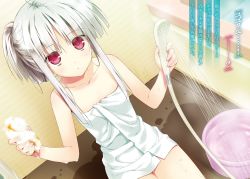 Rule 34 | 1girl, absolute duo, asaba yuu, bathroom, collarbone, dutch angle, flat chest, highres, indoors, looking at viewer, naked towel, novel illustration, official art, parted lips, red eyes, short hair with long locks, sidelocks, silver hair, soap, solo, towel, water, wet, white towel, yurie sigtuna
