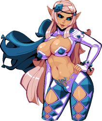 Rule 34 | 1futa, animated, animated gif, black sclera, blue eyes, breasts, breeding season, bulge, cleavage, cleavage cutout, clothing cutout, colored sclera, erection, erection under clothes, futanari, hand on own hip, large breasts, long hair, navel, penis, penis growth, pink hair, pointy ears, s-purple, solo, tattoo, tongue, tongue out, yellow eyes