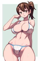 Rule 34 | 10s, 1girl, arm behind back, bare shoulders, bikini, breasts, brown eyes, brown hair, cameltoe, cleavage, covered erect nipples, highres, hip focus, huge breasts, kaga (kancolle), kantai collection, looking at viewer, navel, open mouth, shiny skin, side ponytail, skindentation, solo, string bikini, sun-3, swimsuit, thighs, wet, wet hair, white bikini, wide hips