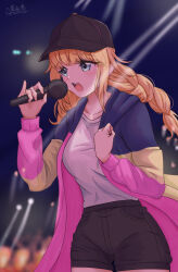 Rule 34 | 1girl, absurdres, baseball cap, black headwear, black shorts, blonde hair, blue eyes, blue jacket, braid, breasts, clenched hand, collarbone, concert, crowd, hands up, hat, highres, holding, holding microphone, jacket, long hair, medium breasts, microphone, multicolored clothes, multicolored jacket, music, open mouth, paripi koumei, pink jacket, shirt, short shorts, shorts, signature, singing, solo focus, spotlight, teeth, tsukimi eiko, twin braids, upper teeth only, white shirt, xing mi&#039;en, yellow jacket