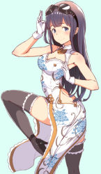 Rule 34 | 10s, 1girl, aqua background, armpits, ass cutout, bad id, bad pixiv id, bare shoulders, black hair, blue eyes, butt crack, chinese clothes, cleavage cutout, clothing cutout, collarbone, gloves, goggles, granblue fantasy, high heels, jessica (granblue fantasy), long hair, md5 mismatch, ryuinu, simple background, smile, solo, standing, standing on one leg, tareme, thighhighs
