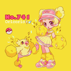 Rule 34 | 1girl, bird, blonde hair, blush stickers, character name, cheerleader, contrapposto, creatures (company), crop top, game freak, gen 7 pokemon, leg up, lightning bolt symbol, looking at viewer, midriff, moemon, narumame, navel, nintendo, open mouth, oricorio, personification, pink footwear, pleated skirt, poke ball, poke ball (basic), pokedex number, pokemon, pokemon (creature), pom pom (cheerleading), red eyes, shoes, short hair, simple background, skirt, sleeveless, smile, standing, wings, yellow background