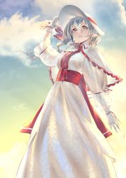 Rule 34 | 1girl, absurdres, aged up, blue hair, blue sky, bow, cloud, cloudy sky, day, dress, earrings, gloves, grey hair, hand on headwear, hand up, hat, hat bow, highres, huge filesize, jewelry, long dress, long sleeves, looking at viewer, medium hair, neck ribbon, outdoors, parted lips, pointy ears, red bow, red eyes, red ribbon, remilia scarlet, ribbon, shukusuri, sky, slit pupils, solo, standing, stud earrings, sun hat, touhou, white dress, white gloves, white hat
