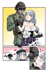 Rule 34 | 1boy, 1girl, absurdres, beret, black gloves, blush, breasts, chibi, cleavage, commentary request, crossover, dress, duplicate, girls&#039; frontline, gloves, green eyes, hair ornament, hairband, hat, heart, helmet, highres, hk416 (girls&#039; frontline), hk416 (starry cocoon) (girls&#039; frontline), imagining, jaeger (rainbow six siege), large breasts, long hair, long sleeves, official alternate costume, rainbow six siege, sanso (kasyawamoti), silver hair, sleeveless, sleeveless dress