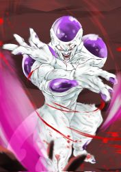 Rule 34 | 1boy, abs, alien, angry, artist request, blood, clenched teeth, creepy, dragon ball, dragonball z, dutch angle, energy, evil grin, evil smile, fingernails, frieza, grin, hands up, highres, injury, looking at viewer, male focus, muscular, no humans, open mouth, purple eyes, purple lips, smile, solo, standing, tail, teeth, upper body, violence