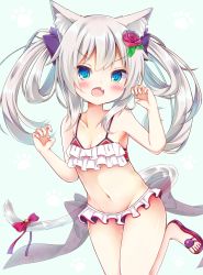Rule 34 | 1girl, :o, animal ears, azur lane, bare arms, bare legs, bare shoulders, bell, bikini, blue eyes, blush, bow, cat ears, cat tail, claw pose, collarbone, commentary request, esureki, fang, fingernails, flower, frilled bikini, frills, hair between eyes, hair flower, hair ornament, hammann (azur lane), hammann (rebellious summer) (azur lane), hands up, highres, jingle bell, kemonomimi mode, long hair, looking at viewer, open mouth, red bow, red flower, red footwear, red rose, rose, sandals, see-through, silver hair, solo, swimsuit, tail, tail bell, tail bow, tail ornament, twintails, v-shaped eyebrows, white bikini