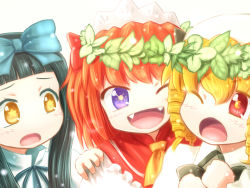 Rule 34 | 3girls, ascot, black hair, blonde hair, bow, fangs, flower wreath, hair bow, hand on shoulder, hat, luna child, maid headdress, multiple girls, one eye closed, open mouth, purple eyes, red eyes, red hair, shirosato, smile, star-shaped pupils, star (symbol), star sapphire, sunny milk, symbol-shaped pupils, touhou, upper body, wink, yellow eyes