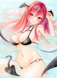 Rule 34 | 1girl, bare shoulders, bat wings, blush, breasts, cleavage, closed mouth, commentary request, demon tail, fang, fang out, floating hair, hair between eyes, hand up, head wings, highres, koakuma, large breasts, light smile, long hair, looking at viewer, natsume nadeshiko, navel, red eyes, red hair, sideboob, skin fang, solo, stomach, tail, touhou, very long hair, wings