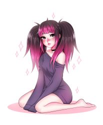 Rule 34 | 1girl, bandaid, bandaid on face, bandaid on nose, black hair, black neckwear, borrowed character, choker, full body, gradient hair, highres, kneehighs, long hair, long sleeves, looking at viewer, milkgrrl, multicolored hair, off shoulder, original, pink hair, simple background, sleeves past wrists, socks, solo, sparkle, sweater, twintails, two-tone hair, white background