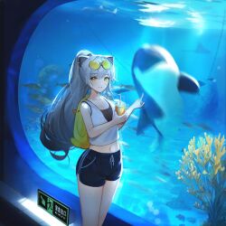 Rule 34 | 1girl, alternate costume, animal ears, aquarium, arknights, backpack, bag, black shorts, casual, cat ears, commentary request, cowboy shot, crop top, cup, disposable cup, drinking straw, eyewear on head, grey hair, holding, holding cup, indoors, long hair, looking at viewer, midriff, navel, oldercat, open mouth, pointing, schwarz (arknights), shirt, short shorts, shorts, sleeveless, sleeveless shirt, smile, solo, standing, stomach, sunglasses, thighs, very long hair, white shirt, yellow eyes