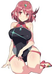 Rule 34 | 1girl, alternate costume, bad id, bad twitter id, blush, boots, breasts, competition swimsuit, gem, hair ornament, headpiece, highres, jewelry, kekemotsu, large breasts, looking at viewer, nintendo, one-piece swimsuit, pyra (pro swimmer) (xenoblade), pyra (xenoblade), red eyes, red hair, short hair, simple background, smile, solo, swept bangs, swimsuit, tiara, white background, xenoblade chronicles (series), xenoblade chronicles 2