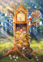 Rule 34 | abandoned, acorn, animal, bird, blue butterfly, branch, bug, butterfly, clock, commentary, english commentary, flower, forest, grandfather clock, grass, highres, insect, leaf, light particles, light rays, longestdistance, moss, nature, no humans, original, squirrel, white flower