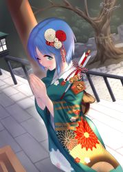 Rule 34 | 1girl, absurdres, bare tree, blue eyes, blue hair, breasts, commission, from side, green kimono, highres, japanese clothes, kashiwagi haruko, kimono, lantern, looking to the side, makishima azusa, medium breasts, muv-luv, one eye closed, own hands together, second-party source, shadow, short hair, skeb commission, smile, solo, tree