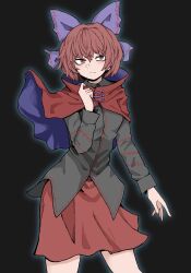 Rule 34 | 1girl, black background, black shirt, bow, cloak, closed mouth, cowboy shot, fe (tetsu), hair bow, highres, long sleeves, looking at viewer, purple bow, red eyes, red hair, red skirt, sekibanki, shirt, short hair, simple background, skirt, solo, standing, touhou