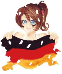 Rule 34 | 1girl, blue eyes, brown hair, cheering, drawing on another&#039;s face, flag, german flag, germany, hair ornament, happy, open mouth, original, short hair, simple background, solo, upper body, white background, yukosan2
