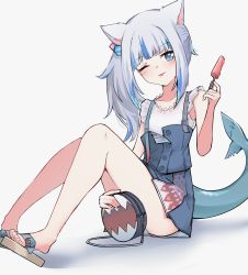 Rule 34 | 1girl, absurdres, animal ears, blue eyes, blue hair, blush, cat ears, fins, fish tail, food, gawr gura, gawr gura (casual), hair ornament, highres, hololive, hololive english, looking at viewer, lyrinne, multicolored hair, official alternate costume, open mouth, popsicle, sandals, shark tail, silver hair, smile, solo, streaked hair, tail, tongue, tongue out, virtual youtuber