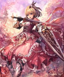 Rule 34 | 10s, 1girl, absurdres, blonde hair, blue eyes, detached sleeves, dress, gauntlets, hair ornament, highres, holding, holding sword, holding weapon, jpeg artifacts, looking at viewer, open mouth, pink dress, shield, shingeki no bahamut, short hair, solo, sword, tachikawa mushimaro, weapon