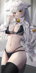 Rule 34 | 1girl, absurdres, ahoge, animal ear fluff, animal ears, bell, bikini, black bikini, black thighhighs, blouse, blush, bow, breasts, cat girl, cleavage, commentary, cowboy shot, hair bell, hair between eyes, hair bow, hair ornament, hand in own hair, highres, kim leeyoon, large breasts, long hair, long sleeves, looking at viewer, navel, neck bell, orange eyes, original, parted lips, shirt, shrug (clothing), silver hair, smile, solo, standing, stomach, swimsuit, symbol-only commentary, thighhighs, white bow, white shirt