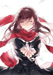Rule 34 | 1girl, black hair, closed eyes, domotolain, enpera, floating scarf, hair ornament, hairclip, hairpin, kagerou project, long hair, multiple hairpins, origami, paper crane, red scarf, scarf, school uniform, serafuku, simple background, smile, solo, tateyama ayano, toumei answer (vocaloid), vocaloid, white background