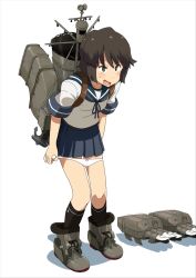 Rule 34 | 10s, 1girl, anchor, backpack, bag, black legwear, blush, boots, bow, bow panties, brown eyes, brown hair, collarbone, commentary, full body, highres, kantai collection, knees together feet apart, kozou (rifa), machinery, md5 mismatch, miyuki (kancolle), open mouth, panties, panty pull, pleated skirt, pulled by self, removing panties, school uniform, serafuku, short hair, short sleeves, simple background, skirt, smokestack, solo, standing, sweat, torpedo, underwear, undressing, uniform, white background, white panties