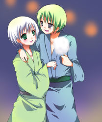 Rule 34 | 2boys, :d, alfa system, cotton candy, green eyes, green hair, grey eyes, hand on shoulder, happy, japanese clothes, kimono, meru0810, multiple boys, open mouth, ruca milda, smile, spada belforma, tales of (series), tales of innocence, white hair