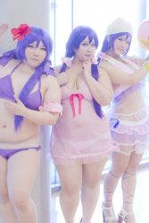 Rule 34 | 3girls, asian, breasts, cosplay, fat, green eyes, large breasts, love live!, love live! school idol project, multiple girls, photo (medium), purple hair, sakuran watanabe, tojo nozomi (cosplay), toujou nozomi