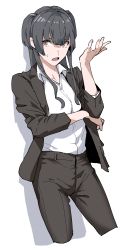 Rule 34 | 1girl, absurdres, black hair, blunt bangs, brown eyes, collared shirt, dress shirt, formal, hand up, highres, idolmaster, idolmaster shiny colors, jacket, long hair, looking at viewer, mayuzumi fuyuko, no neckwear, open clothes, open jacket, open mouth, pants, partially unbuttoned, sabotend, shirt, simple background, solo, suit, suit jacket, two side up, white background