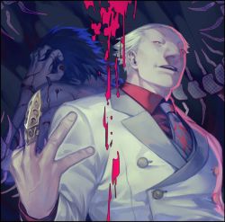 Rule 34 | 2boys, back-to-back, black background, blonde hair, brown hair, bug, centipede, claw ring, collared shirt, dual persona, hair slicked back, hand up, jacket, looking at viewer, male focus, multiple boys, necktie, omori yakumo, pectorals, print neckwear, red shirt, shirt, short hair, smile, teeth, tokyo ghoul, upper body, upper teeth only, white jacket, zoo (oukakumaku)
