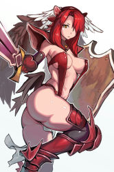 Rule 34 | 1girl, armor, ass, bad id, bad pixiv id, black gloves, black thighhighs, breasts, cleavage, covered erect nipples, dark minerva (p&amp;d), elbow gloves, feathered wings, gauntlets, gloves, hair ornament, hair over one eye, hairband, hamama2, head wings, holding, holding weapon, large breasts, leg up, long hair, low wings, midriff, minerva (p&amp;d), navel, over-kneehighs, pauldrons, puzzle &amp; dragons, red hair, shield, shoulder armor, sideboob, simple background, slingshot swimsuit, solo, swimsuit, sword, thighhighs, underboob, weapon, white background, white wings, wings, yellow eyes