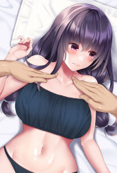 Rule 34 | 1girl, 1other, bad fantia id, bad id, bandeau, bare shoulders, bikini, black hair, blue bikini, blush, braid, breasts, collarbone, hand up, huyumitsu, large breasts, long hair, looking away, looking to the side, lying, navel, on back, open mouth, original, paid reward available, purple eyes, solo focus, stomach, strapless, strapless bikini, swimsuit, twin braids, twintails