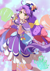 Rule 34 | 1girl, beret, bow, brown eyes, capelet, choker, clam, closed mouth, collarbone, commentary request, coral, cure coral, dress, feet out of frame, hair bow, hands up, hat, hat bow, highres, index fingers raised, kneehighs, long hair, parted bangs, precure, purple capelet, purple choker, purple dress, purple hair, red bow, smile, socks, solo, standing, striped, striped bow, suzumura sango, tropical-rouge! precure, tsuyukina fuzuki, very long hair, white hat, white socks, yellow bow