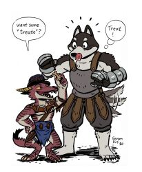 Rule 34 | 2boys, afterimage, arm guards, arm up, armor, baldur&#039;s gate, baldur&#039;s gate 3, belt, chest guard, commentary, crossover, dog, dragon, drooling, dungeon meshi, dungeons &amp; dragons, english commentary, english text, food, full body, furry, furry male, gauntlets, giving, grey shorts, hand on own hip, hands up, hat, height difference, highres, holding, holding food, hungry, jewelry, kuro (dungeon meshi), leather armor, licking lips, looking at another, looking down, male focus, multiple boys, necklace, open mouth, pet food, popper (baldur&#039;s gate), saran kit, sharp teeth, shorts, simple background, species connection, speech bubble, standing, tail, tail wagging, teeth, thought bubble, tongue, tongue out, topless male, white background