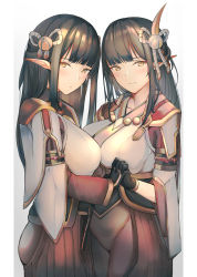 Rule 34 | 2girls, black gloves, black hair, blunt bangs, breasts, closed mouth, gloves, hair ornament, hakama, hakama skirt, highres, hinoa, holding hands, interlocked fingers, japanese clothes, jewelry, kimono, large breasts, long hair, long sleeves, looking at viewer, minoto, monster hunter (series), monster hunter rise, multiple girls, necklace, obi, pointy ears, red hakama, sash, siblings, sidelocks, sisters, skirt, smile, twins, white kimono, wide sleeves, yellow eyes, yusha m