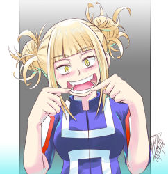 Rule 34 | 10s, 1girl, 2018, blonde hair, blunt bangs, blush, boku no hero academia, breasts, dated, double bun, fangs, hair bun, medium breasts, messy hair, open mouth, pillarboxed, short hair, smile, solo, suoh12, toga himiko, tongue, u.a. gym uniform, upper body, yellow eyes