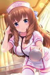 Rule 34 | 1girl, alternative girls, arimura shion, bed, blue eyes, blush, breasts, brown hair, cleavage, curtains, hair ribbon, hat, heart, highres, hospital bed, large breasts, long hair, looking at viewer, nurse, nurse cap, official art, ribbon, short sleeves, smile, solo, sunlight