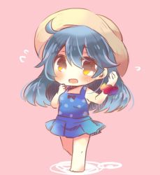 Rule 34 | 10s, 1girl, ahoge, black hair, blue one-piece swimsuit, brown eyes, casual one-piece swimsuit, chibi, full body, hat, kantai collection, kou hiyoyo, long hair, looking at viewer, one-piece swimsuit, pink background, polka dot, polka dot swimsuit, scrunchie, simple background, solo, standing, sun hat, swimsuit, ushio (kancolle), wrist scrunchie