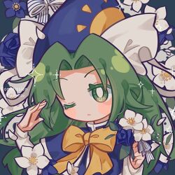 Rule 34 | 1girl, blue capelet, blue dress, blue flower, blue hat, bow, bowtie, capelet, closed mouth, commentary request, dress, flower, green eyes, green hair, hat, hat bow, holding, holding flower, long hair, long sleeves, mima (touhou), one eye closed, parted bangs, puffy sleeves, shirt, solo, suelement, sun print, touhou, touhou (pc-98), very long hair, white bow, white flower, white shirt, wizard hat, yellow bow, yellow bowtie