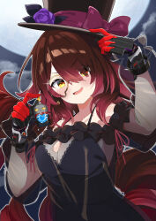 Rule 34 | 1girl, black dress, black hat, blush, bow, breasts, brown hair, dress, flower, frilled dress, frills, gradient hair, hand on headwear, hat, hat bow, hat flower, highres, hololive, long hair, long sleeves, looking at viewer, mechanical hands, medium breasts, monocle, multicolored hair, off-shoulder dress, off shoulder, official alternate costume, open mouth, red hair, roboco-san, roboco-san (night dress), robosaa (roboco), satobitob, see-through, see-through sleeves, smile, solo, spaghetti strap, top hat, upper body, v-shaped eyebrows, very long hair, virtual youtuber, yellow eyes