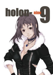 Rule 34 | 1girl, breasts, brown eyes, brown hair, choker, cleavage, fur, grey hair, hands on own hips, jewelry, mura (kanojo no oukoku), necklace, original, pendant, red eyes, short hair, smile, solo, torn clothes, zipper